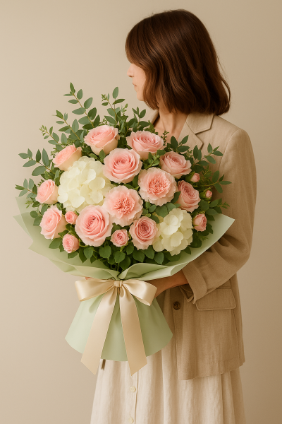 Рожево-біла елегантність – Троянди, гортензії та гвоздики